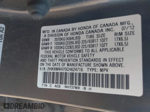✅ 2012 Honda CR-V EX-L • VIN: 2HKRM4H70CH624716 • Lot: 43366883. Listed on IAAI with 117,469 mi. Free auction sales archive from the USA and detailed vehicle history report at DreamBid. Image 9.