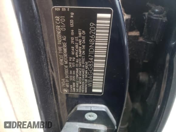 ✅ 2001 BMW 7 Series 740i • VIN: WBAGG83471DN86209 • Lot: 82451574. Listed on Copart with 155,391 mi. Free auction sales archive from the USA and detailed vehicle history report at DreamBid. Image 12.