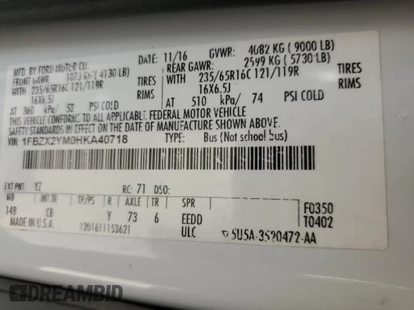 ✅ 2017 Ford Transit XL • VIN: 1FBZX2YM0HKA40718 • Lot: 61235525. Wystawiony na Copart z przebiegiem 367 850 mil. Bezpłatny archiwum sprzedaży aukcyjnych z USA i szczegółowy raport historii pojazdu na DreamBid. Zdjęcie 13.