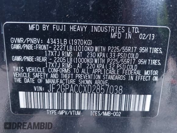 ✅ 2013 Subaru Crosstrek Premium • VIN: JF2GPACCXD2857038 • Lot: 43865463. Listed on IAAI with 153,805 mi. Free auction sales archive from the USA and detailed vehicle history report at DreamBid. Image 9.