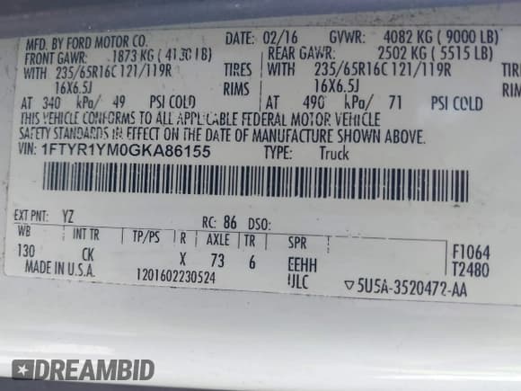 ✅ 2016 Ford Transit Cargo • VIN: 1FTYR1YM0GKA86155 • Lot: 41840237. Listed on IAAI with 192,125 mi. Free auction sales archive from the USA and detailed vehicle history report at DreamBid. Image 9.