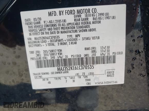 ✅ 2020 Ford EcoSport Titanium • VIN: MAJ3S2KE6LC370535 • Lot: 42893107. Listed on IAAI with 66,811 mi. Free auction sales archive from the USA and detailed vehicle history report at DreamBid. Image 9.