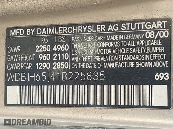 ✅ 2001 Mercedes-Benz E 320 • VIN: WDBJH65J41B225835 • Лот: 41747129. Опубликован ранее на IAAI с пробегом 193 071 миль. Бесплатный доступ к архиву аукционных продаж из США и подробный отчёт об истории автомобиля на DreamBid. Изображение 9.