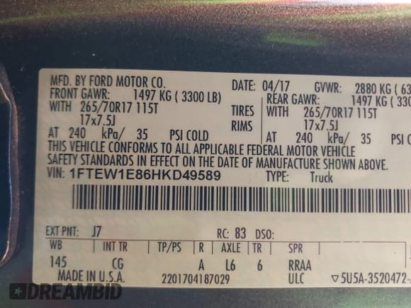 ✅ 2017 Ford F-150 XL • VIN: 1FTEW1E86HKD49589 • Lot: 39941757. Listed on IAAI with 148,030 mi. Free auction sales archive from the USA and detailed vehicle history report at DreamBid. Image 9.