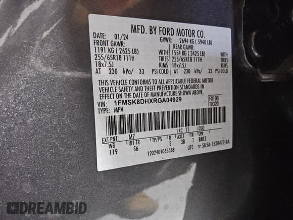 ✅ 2024 Ford Explorer XLT • VIN: 1FMSK8DHXRGA04929 • Lot: 58089255. Wystawiony na Copart z przebiegiem 31 290 mil. Bezpłatny archiwum sprzedaży aukcyjnych z USA i szczegółowy raport historii pojazdu na DreamBid. Zdjęcie 13.