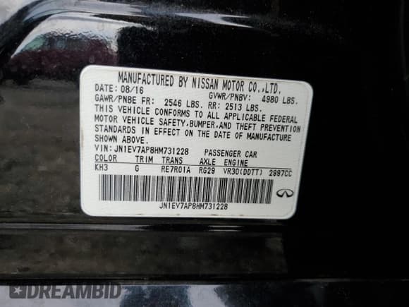 ✅ 2017 Infiniti Q50 Premium • VIN: JN1EV7AP8HM731228 • Lot: 56358235. Listed on Copart with 73,318 mi. Free auction sales archive from the USA and detailed vehicle history report at DreamBid. Image 12.