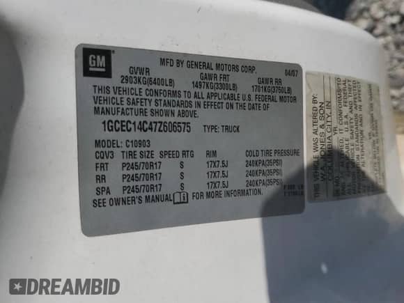 2007 Chevrolet Silverado 1500 Work Truck с VIN 1GCEC14C47Z606575, выставлен на аукционе Copart как лот 89462195 с пробегом 242 311 миль миль и Списание • Salvage title. История ставок и продаж доступна на DreamBid. Изображение 12.