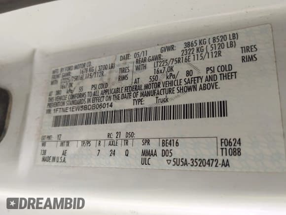 ✅ 2011 Ford Econoline Cargo Commercial • VIN: 1FTNE1EW5BDB06014 • Lot: 43124379. Listed on IAAI with 194,797 mi. Free auction sales archive from the USA and detailed vehicle history report at DreamBid. Image 9.