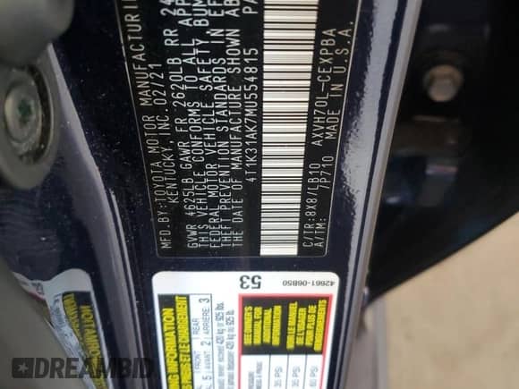 2021 Toyota Camry Hybrid XSE с VIN 4T1K31AK7MU554815, выставлен на аукционе Copart как лот 70532715 с пробегом 37 021 миль миль и Списание • Salvage title. История ставок и продаж доступна на DreamBid. Изображение 12.