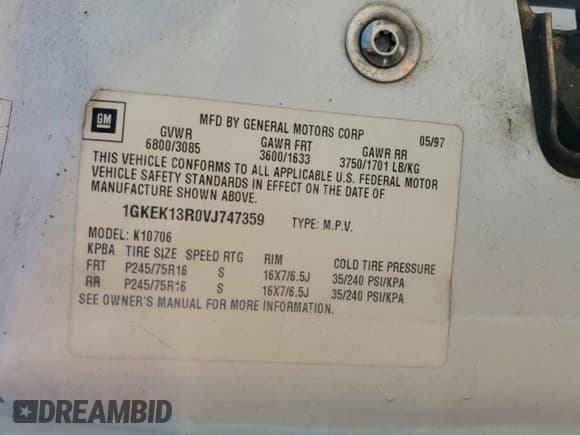 ✅ 1997 GMC Yukon • VIN: 1GKEK13R0VJ747359 • Lot: 48301095. Listed on Copart with 272,417 mi. Free auction sales archive from the USA and detailed vehicle history report at DreamBid. Image 13.