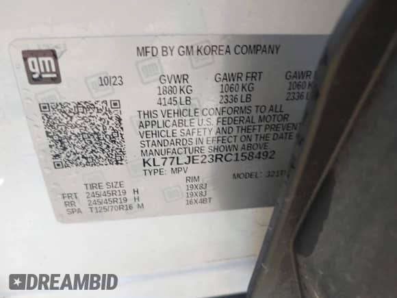 2024 Chevrolet Trax 2RS with VIN KL77LJE23RC158492, listed as a IAAI auction lot 43164357 with 23,790 mi miles and . Bid and sale history available at DreamBid. Image 9.