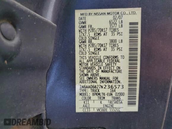 ✅ 2007 Nissan Titan SE • VIN: 1N6AA06B27N236573 • Lot: 94635315. Listed on Copart with 208,724 mi. Free auction sales archive from the USA and detailed vehicle history report at DreamBid. Image 13.