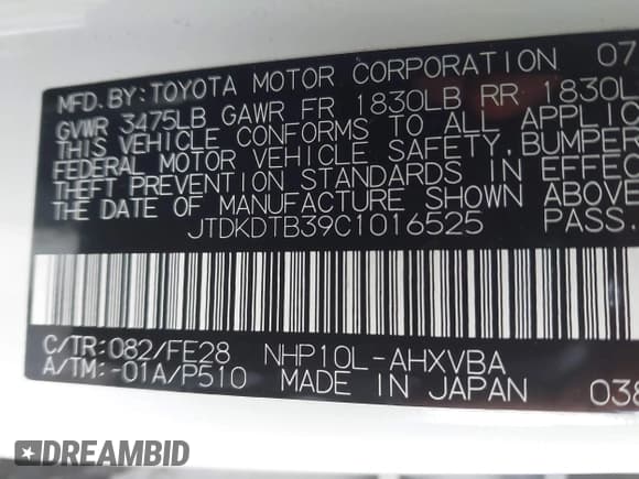 ✅ 2012 Toyota Prius Two • VIN: JTDKDTB39C1016525 • Lot: 43875806. Listed on IAAI with 87,433 mi. Free auction sales archive from the USA and detailed vehicle history report at DreamBid. Image 9.