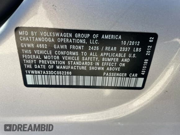 ✅ 2013 Volkswagen Passat SE • VIN: 1VWBN7A33DC052266 • Lot: 87410335. Listed on Copart with 174,634 mi. Free auction sales archive from the USA and detailed vehicle history report at DreamBid. Image 10.