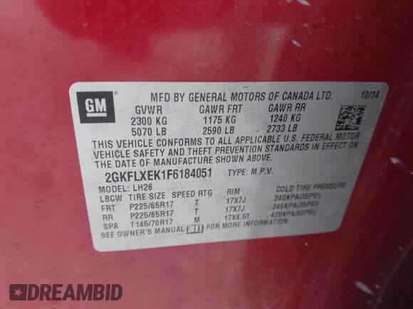 ✅ 2015 GMC Terrain SLT • VIN: 2GKFLXEK1F6184051 • Lot: 42962410. Listed on IAAI with 106,827 mi. Free auction sales archive from the USA and detailed vehicle history report at DreamBid. Image 9.