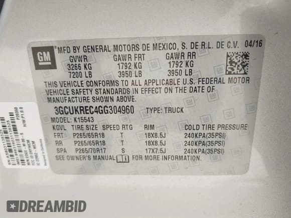 ✅ 2016 Chevrolet Silverado 1500 LT • VIN: 3GCUKREC4GG304960 • Lot: 42991035. Wystawiony na IAAI z przebiegiem 139 016 mil. Bezpłatny archiwum sprzedaży aukcyjnych z USA i szczegółowy raport historii pojazdu na DreamBid. Zdjęcie 9.