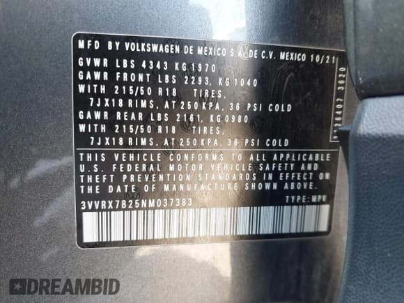 ✅ 2022 Volkswagen Taos SE • VIN: 3VVRX7B25NM037383 • Lot: 43000793. Wystawiony na IAAI z przebiegiem 44 695 mil. Bezpłatny archiwum sprzedaży aukcyjnych z USA i szczegółowy raport historii pojazdu na DreamBid. Zdjęcie 9.