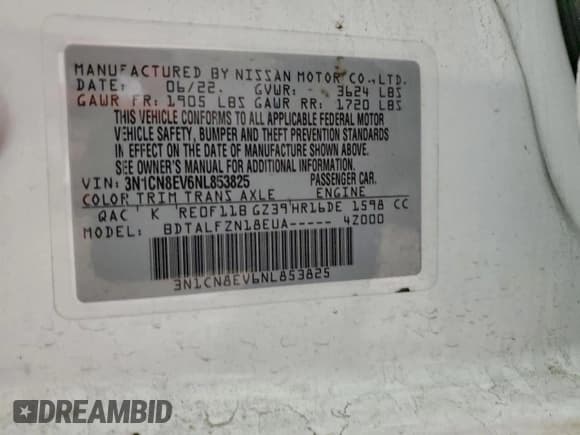 ✅ 2022 Nissan Versa SV • VIN: 3N1CN8EV6NL853825 • Lot: 95205885. Wystawiony na Copart z przebiegiem 43 812 mil. Bezpłatny archiwum sprzedaży aukcyjnych z USA i szczegółowy raport historii pojazdu na DreamBid. Zdjęcie 13.