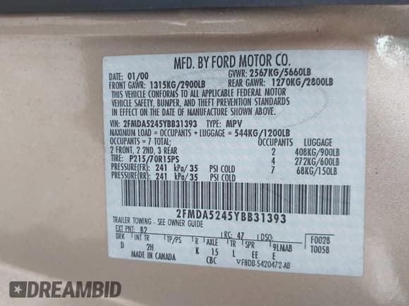 ✅ 2000 Ford Windstar SE • VIN: 2FMDA5245YBB31393 • Lot: 43727045. Listed on IAAI with 195,305 mi. Free auction sales archive from the USA and detailed vehicle history report at DreamBid. Image 9.