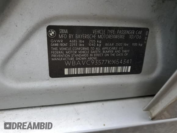 ✅ 2007 BMW 3 Series 328xi • VIN: WBAVC93577KX54341 • Lot: 54558175. Listed on Copart with 138,809 mi. Free auction sales archive from the USA and detailed vehicle history report at DreamBid. Image 12.