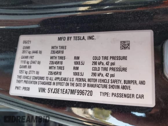 ✅ 2021 Tesla Model 3 Standard Range Plus • VIN: 5YJ3E1EA7MF996720 • Lot: 43223445. Listed on IAAI with 55,712 mi. Free auction sales archive from the USA and detailed vehicle history report at DreamBid. Image 9.