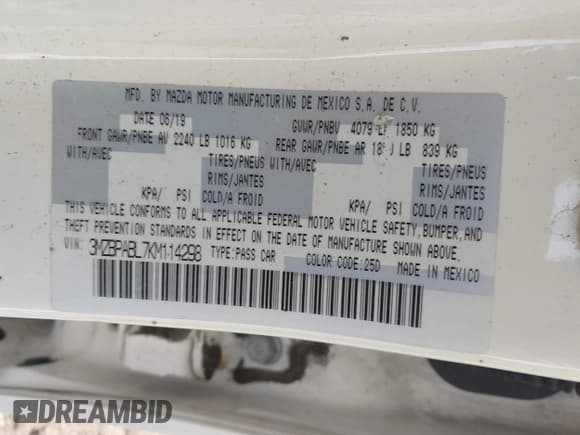 ✅ 2019 Mazda 3 • VIN: 3MZBPABL7KM114298 • Lot: 42536800. Listed on IAAI with 53,598 mi. Free auction sales archive from the USA and detailed vehicle history report at DreamBid. Image 9.