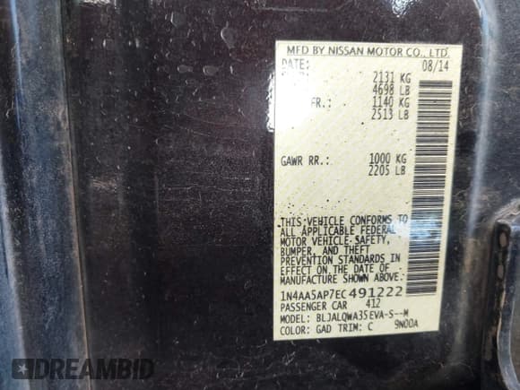 ✅ 2014 Nissan Maxima SV • VIN: 1N4AA5AP7EC491222 • Lot: 43018995. Listed on IAAI with 125,585 mi. Free auction sales archive from the USA and detailed vehicle history report at DreamBid. Image 9.