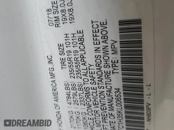 ✅ 2019 Acura RDX • VIN: 5J8TC1H35KL006534 • Lot: 55204815. Listed on Copart with 92,305 mi. Free auction sales archive from the USA and detailed vehicle history report at DreamBid. Image 13.