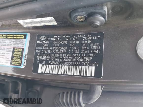 2008 Hyundai Veracruz GLS z VIN KM8NU73C38U069385, wystawiony jako IAAI lot #41553831 z przebiegiem 215 000 mil mil oraz . Historia ofert i sprzedaży dostępna na DreamBid. Obrazek 9.