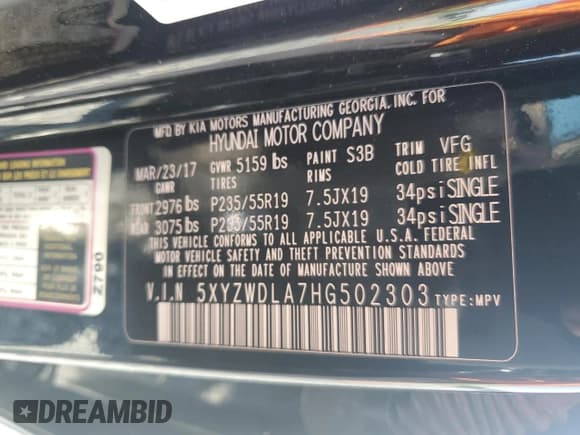 ✅ 2017 Hyundai Santa Fe Ultimate • VIN: 5XYZWDLA7HG502303 • Lot: 93115355. Listed on Copart with 100,217 mi. Free auction sales archive from the USA and detailed vehicle history report at DreamBid. Image 13.