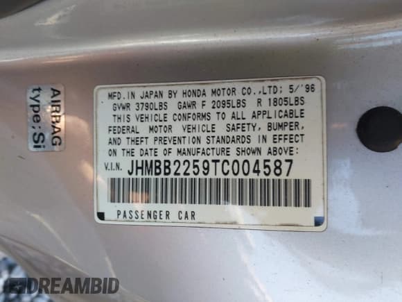 ✅ 1996 Honda Prelude • VIN: JHMBB2259TC004587 • Лот: 43634644. Опубликован ранее на IAAI с пробегом 118 982 миль. Бесплатный доступ к архиву аукционных продаж из США и подробный отчёт об истории автомобиля на DreamBid. Изображение 9.