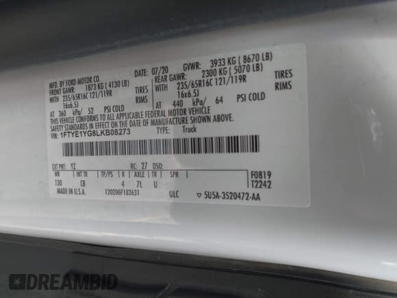 ✅ 2020 Ford Transit Cargo • VIN: 1FTYE1YG8LKB08273 • Lot: 42306747. Wystawiony na IAAI z przebiegiem 181 121 mil. Bezpłatny archiwum sprzedaży aukcyjnych z USA i szczegółowy raport historii pojazdu na DreamBid. Zdjęcie 9.