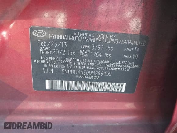 ✅ 2013 Hyundai Elantra GLS • VIN: 5NPDH4AE0DH299459 • Lot: 43652874. Listed on IAAI with 173,549 mi. Free auction sales archive from the USA and detailed vehicle history report at DreamBid. Image 9.