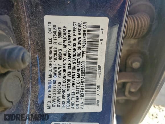 ✅ 2010 Honda Civic EX • VIN: 19XFA1F87AE055600 • Лот: 95287065. Опубликован ранее на Copart с пробегом 178 678 миль. Бесплатный доступ к архиву аукционных продаж из США и подробный отчёт об истории автомобиля на DreamBid. Изображение 13.