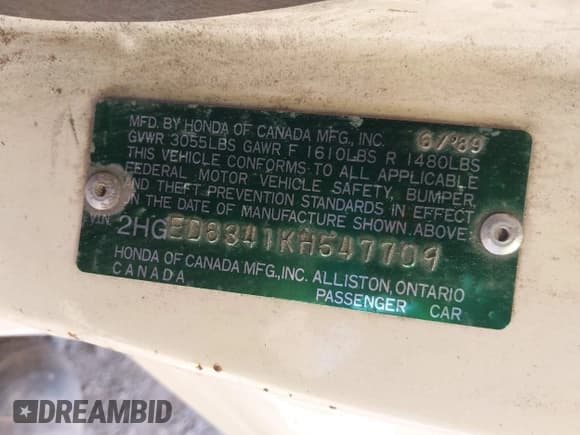 ✅ 1989 Honda Civic • VIN: 2HGED6341KH547709 • Lot: 43840898. Listed on IAAI with 175,633 mi. Free auction sales archive from the USA and detailed vehicle history report at DreamBid. Image 9.