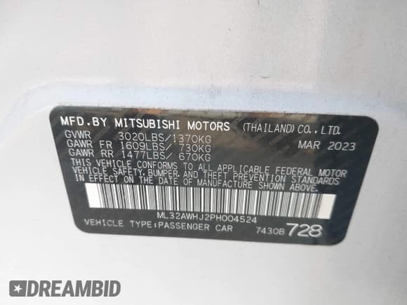 ✅ 2023 Mitsubishi Mirage Black Edition • VIN: ML32AWHJ2PH004524 • Lot: 42893198. Listed on IAAI with 15,922 mi. Free auction sales archive from the USA and detailed vehicle history report at DreamBid. Image 9.
