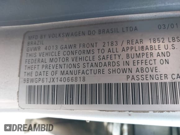 ✅ 2001 Volkswagen Golf GLS • VIN: 9BWGP61JX14066818 • Лот: 41968719. Опубликован ранее на IAAI с пробегом 177 638 миль. Бесплатный доступ к архиву аукционных продаж из США и подробный отчёт об истории автомобиля на DreamBid. Изображение 9.