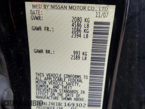 ✅ 2008 Nissan Altima SE • VIN: 1N4BL24E18C169302 • Lot: 55238805. Listed on Copart with 152,414 mi. Free auction sales archive from the USA and detailed vehicle history report at DreamBid. Image 12.