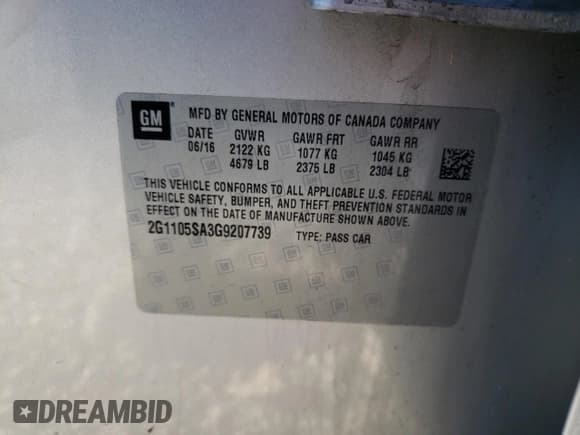 ✅ 2016 Chevrolet Impala LT • VIN: 2G1105SA3G9207739 • Lot: 91429295. Listed on Copart with 132,506 mi. Free auction sales archive from the USA and detailed vehicle history report at DreamBid. Image 13.