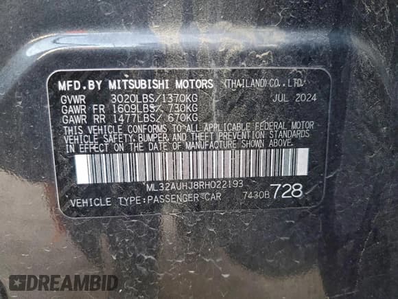 ✅ 2024 Mitsubishi Mirage ES • VIN: ML32AUHJ8RH022193 • Лот: 95214025. Опубликован ранее на Copart с пробегом 20 796 миль. Бесплатный доступ к архиву аукционных продаж из США и подробный отчёт об истории автомобиля на DreamBid. Изображение 12.
