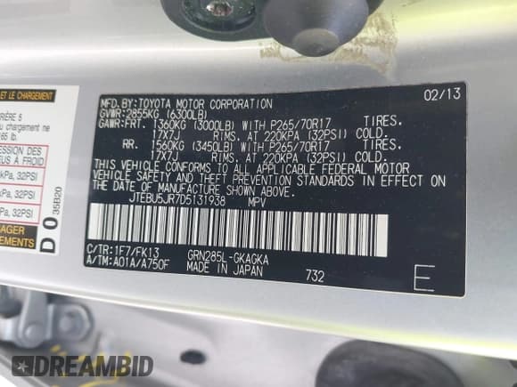 ✅ 2013 Toyota 4Runner SR5 • VIN: JTEBU5JR7D5131938 • Lot: 43841558. Listed on IAAI with 230,515 mi. Free auction sales archive from the USA and detailed vehicle history report at DreamBid. Image 9.