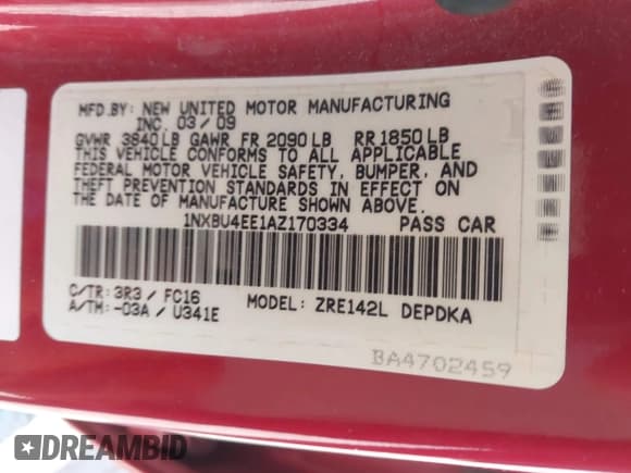 ✅ 2010 Toyota Corolla S • VIN: 1NXBU4EE1AZ170334 • Лот: 43531882. Опубликован ранее на IAAI с пробегом 272 275 миль. Бесплатный доступ к архиву аукционных продаж из США и подробный отчёт об истории автомобиля на DreamBid. Изображение 9.