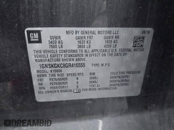 2016 Chevrolet Suburban LS with VIN 1GNSKGKC8GR416555, listed as a IAAI auction lot 41230592 with 140,549 mi miles and . Bid and sale history available at DreamBid. Image 9.