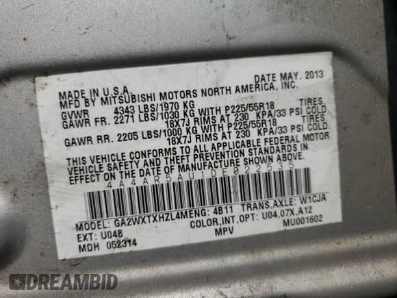 2013 Mitsubishi Outlander LE with VIN 4A4AR5AU1DE022535, listed as a Copart auction lot 70002895 with 297,561 mi miles and Salvage title. Bid and sale history available at DreamBid. Image 12.