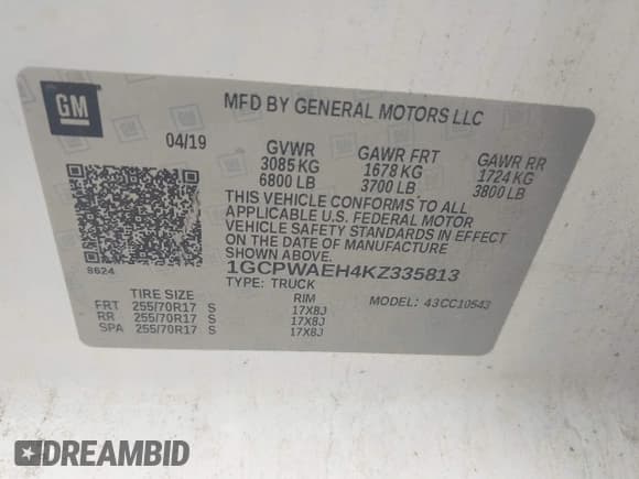 ✅ 2019 Chevrolet Silverado 1500 Work Truck • VIN: 1GCPWAEH4KZ335813 • Lot: 42283508. Wystawiony na IAAI z przebiegiem 94 516 mil. Bezpłatny archiwum sprzedaży aukcyjnych z USA i szczegółowy raport historii pojazdu na DreamBid. Zdjęcie 9.