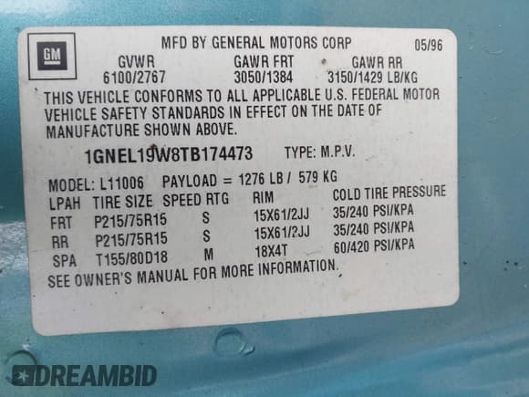 ✅ 1996 Chevrolet Astro • VIN: 1GNEL19W8TB174473 • Лот: 43704101. Опубликован ранее на IAAI с пробегом Не указан. Бесплатный доступ к архиву аукционных продаж из США и подробный отчёт об истории автомобиля на DreamBid. Изображение 9.