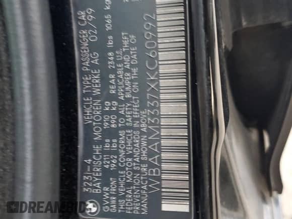 1999 BMW 3 Series 323i с VIN WBAAM3337XKC60992, выставлен на аукционе Copart как лот 76799624 с пробегом 110 976 миль миль и Списание • Salvage title. История ставок и продаж доступна на DreamBid. Изображение 12.