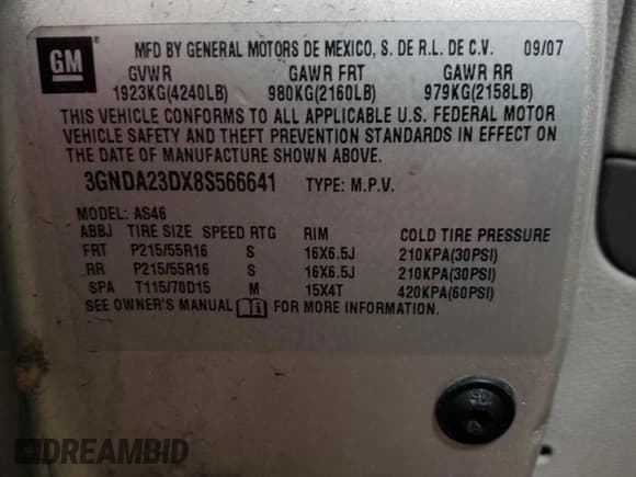 ✅ 2008 Chevrolet HHR LT • VIN: 3GNDA23DX8S566641 • Lot: 44728725. Listed on Copart with 166,868 mi. Free auction sales archive from the USA and detailed vehicle history report at DreamBid. Image 12.