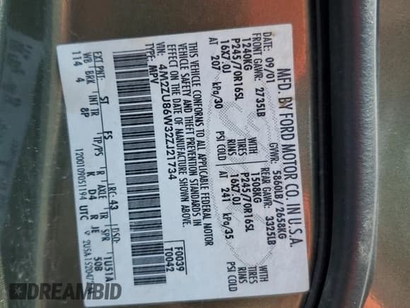✅ 2002 Mercury Mountaineer • VIN: 4M2ZU86W32ZJ21734 • Lot: 59169985. Wystawiony na Copart z przebiegiem 198 796 mil. Bezpłatny archiwum sprzedaży aukcyjnych z USA i szczegółowy raport historii pojazdu na DreamBid. Zdjęcie 13.