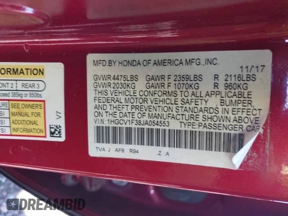 2018 Honda Accord EX-L with VIN 1HGCV1F52JA210264, listed as a IAAI auction lot 42537112 with 110,638 mi miles and . Bid and sale history available at DreamBid. Image 9.